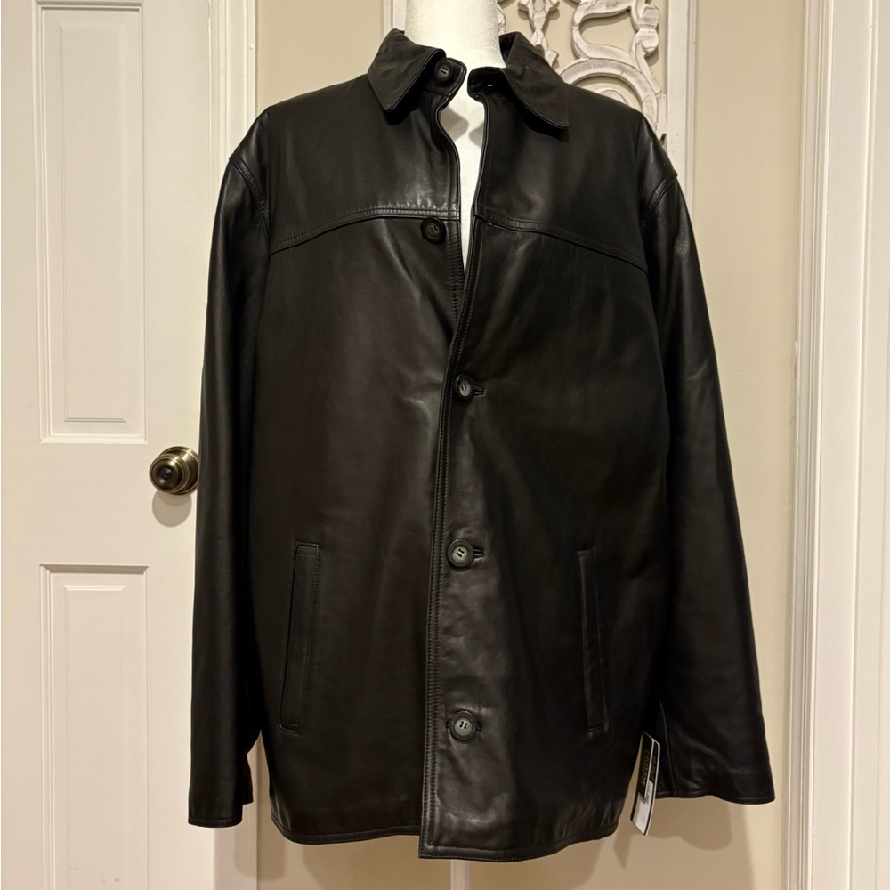 NWT Guess  Men's Black Soft Genuine Lambskin Leather Collared Button Jacket L